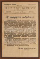1919 "A magyar néphez", József főherceg tábornagy, kormányzó lemondása a "Budapesti Közlöny 93. szám,1919. aug. 23. Rendkívüli kiadásának címlapján." Modern üvegezett fa keretben, csak címlap, 44x31 cm