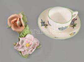 4 darabos magyar porcelán tétel, közte Herendi plasztikus virág, pattogzással.