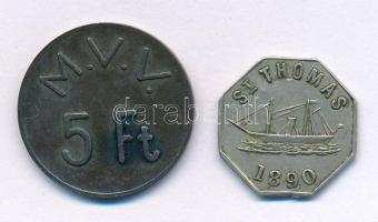 1890. "Russell bros mex token / St. Thomas 1890" 2c Fe zseton + DN(1950-1970 k.) 5Ft Fe "M.V.V." (Miskolci Villamos Vállalat (?)) közlekedési bárca T:XF 1890. "Russell bros mex token / St. Thomas 1890" 2 Cent Fe token + ND(~1950-1970) 5 Forint Fe "M.V.V." (Miskolci Villamos Vállalat (?)) (Miskolc Electric Company) traffic token C:XF