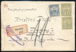 1907 Ajánlott levél 2 x 5f + 25f bérmentesítéssel, 11f kézírásos portóval / Registered cover with 11f handwritten postage due, "OGULIN" - "ZÁGRÁB-ZAGREB"