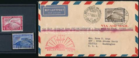 1931 Zeppelin levél Polarafahrt 4RM bélyeggel Seattle-be + Polarfahrt 1RM és 2RM bélyeg / Mi 458 on ...