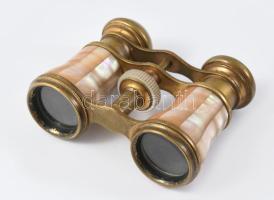 Antik színházi távcső, gyöngyház rárakással, hiánnyal, 10x8 cm