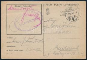 1940 Tábori posta levelezőlap budapestre / Field postcard to Budapest, "TP / 45"