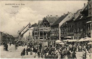 1906 Maribor, Marburg; Hauptplatz / main square, market, shops, construction (EK)