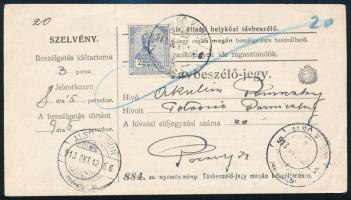 1913 Turul 2K távbeszélő jegyen / on telephone ticket, "ALSÓ KUBIN"