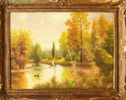 Olvashatatlan jelzéssel: Felröppenő vadkacsák. Olaj, vászon. Dekoratív, sérült fakeretben. 60x80 cm