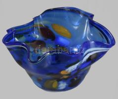 Murano anyagában színezett hutaüveg fodros asztaldísz, hibátlan, d: 20 cm, m: 12 cm