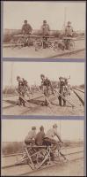 cca 1916 Magyar katonai kerékpárosok különleges vasúti sínen használható segédfelszereléssel, unikál...