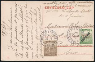 Arad (Francia megszállás) 1919 Vegyes bérmentesítésű képeslap francia katonai bélyegzéssel "TRESOR ET POSTES 520 A" Bodor vizsgálójellel, nagyon ritka darab! RRR
