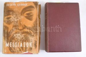 Szántó György 2 aláírt kötete: Utolsó hajnal, első hajnal. Történelmi regény. Bp., 1930, Dante, 461+[1] p. Egészvászon-kötésben, helyenként foltos lapokkal. + Messiások. Bp., [1947], Bárd Ferenc és Fia, 250 p. Kiadói félvászon-kötés, sérült kiadói papír védőborítóban. Mindkét kötet a szerző, Szántó György (1893-1961) József Attila-díjas író által aláírt (az ajándékozási sorok feltehetőleg más kéztől származnak).