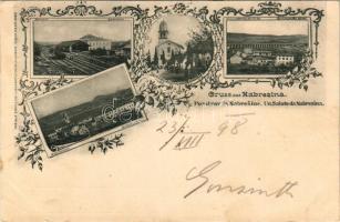 1898 Aurisina, Nabrezina, Nabresina; Bahnhof, Kirche, Hauptplatz, Eisenbahnbrücke / railway station,...