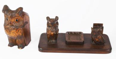 Faragott fa bagoly alakos asztali szett, h: 23 cm, m: 14 cm