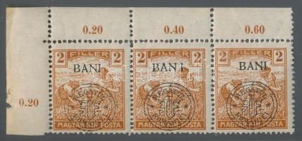 Kolozsvár 1919 Arató 2f ívsarki hármascsík, a második bélyeg "hosszú I betű" lemezhibával....