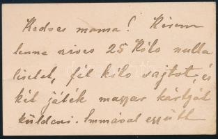 cca 1880 Eörményesi és karánsebesi Fiáth Pompej (1862-1909), Gyulassy Emma (1867-1930) férjének névjegykártyája, rajta: "Kedves mama! Kérem lenne szíves 25 kilo nulla lisztet, fél kilo sajtot és két játék magyar kártyát küldeni. Emmával kezeit csókolja szerető fia."