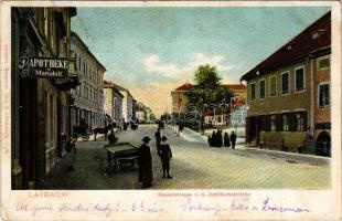 1905 Ljubljana, Laibach; Resselstrasse v. d. Jubiläumsbrücke, Apotheke zu Mariahilf / street view, p...