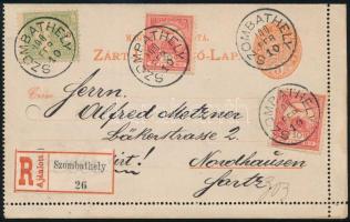 1900 5kr díjjegyes zárt levelezőlap vegyes bérmentesítéssel Turul 5f + 2 x 10f kiegészítéssel Németországbaba küldve "SZOMBATHELY" - Nordhausen Ritka és szép darab RRR!