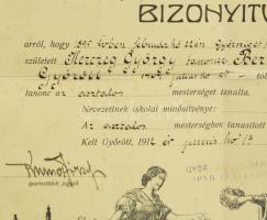 1912 Győr szab. kir. város ipartestülete által kiállított asztalos bizonyítvány (segédlevél), dekora...