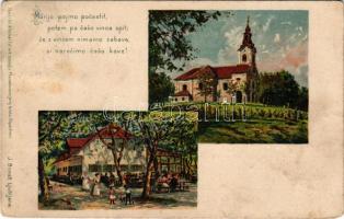 Ljubljana, Laibach; Marijo pojmo pocastit... / church, garden restaurant and café. J. Bonac litho (f...