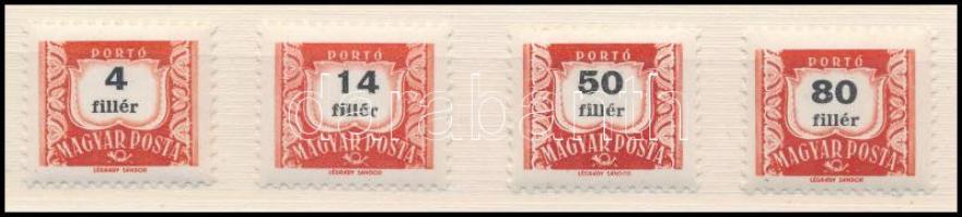 1958 Vörös-fekete portó 4f, 14f, 30f + 50f selyemfényű gumival / Mi 222, 227, 234 + 237 with silky g...