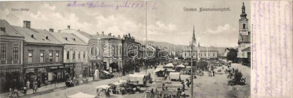 Máramarossziget with Hotel, Café Korona and the shops of Farkas Lebovits, Zoltán Zombory, József Hónig and Salamon Steinmetz panoramacard