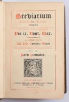Breviarium Cisterciense Reformatum. Juxta Decretum Sacr. Rituum Congregationis Diei 3 Julii 1869 [...] Antiquioris Reformationis De Trappa In Belgio Editum. Pars Hiemalis. [Malle], 1885, Fratres Abbatiae Westmallensis Ordinis Cisterciensis in Belgio, LXVII+[1]+625+[1]+234+[10]+20 p. Latin nyelven. Aranyozott egészbőr-kötésben, nagyrészt jó állapotban, a borítón és gerincen némi kopással, helyenként minimálisan foltos lapokkal. Ritka!