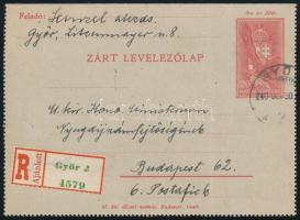 1940 Ajánlott 20f díjjegyes zárt levelezőlap 50f díjkiegészítéssel