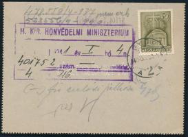 1940 Ajánlott 20f díjjegyes zárt levelezőlap 50f díjkiegészítéssel