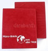 "Münz-Briefe aus aller Welt" piros, plüssborítású, négygyűrűs album, 7db kettes osztású és 25db osztás nélküli berakólappal. Használt, de jó állapotban
