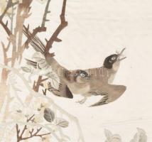 Antik hímzett kínai selyem kép, üvegezett keretben, 103x40 cm