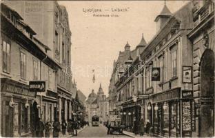 Ljubljana, Laibach; Presernova ulica / street view, restaurant, tram, publisher's shop (Emil Do...