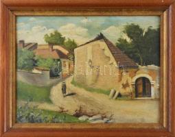 Jelzés nélkül: Tabáni részlet sétálóval. Olaj, karton. 23x30 cm. Fakeretben