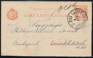 1904 10f díjjegyes zárt levelezőlap "LAJOS-MIZSE-BUDAPEST" vasúti mozgóposta bélyegzéssel