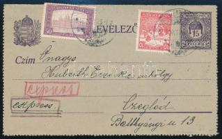 1917 Expressz 15f díjjegyes zárt levelezőlap 2 bélyeges kiegészítéssel