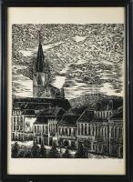 Olvashatatlan jelzéssel, erdélyi magyar grafikus: Városrészlet (Marosvásárhely?). Fametszet (kézi le...