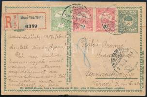 1917 Ajánlott 8f díjjegyes levelezőlap 3 bélyeges kiegészítéssel (hajtott / folded)