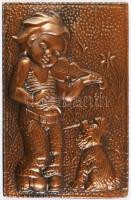 Rézlemez kép, gyermek kutyával, 20x13 cm