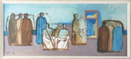 Zoltán Péter Antal (1945-): Alakok tájban, 1976. Olaj, vászon, jelzett, dekoratív fakeretben, 33x76 ...