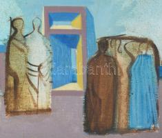Zoltán Péter Antal (1945-): Alakok tájban, 1976. Olaj, vászon, jelzett, dekoratív fakeretben, 33x76 ...