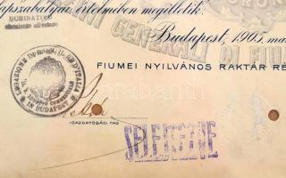 1905. Budapest "Fiumei Nyilvános Raktár Részvénytársaság" részvénye 400K-ról bélyegzésekke...