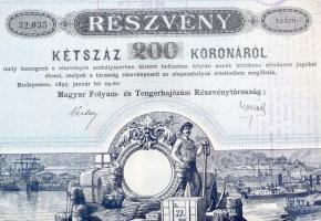 1895. Budapest "Magyar Folyam- és Tengerhajózási Részvénytársaság" részvénye 200K-ról, víz...
