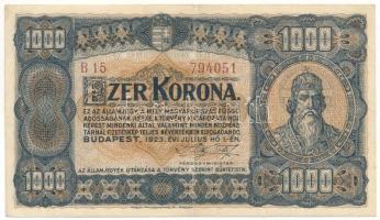 1923. 1000K "B 15 794051", "Magyar Pénzjegynyomda Rt. Budapest" nyomdahely-jelöléssel T:F pici szakadás Adamo K37