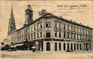 Eszék, Essegg, Osijek; Glavni trg u gornjem Osijeku / Fő tér, Josef Tungl, Franz Bittner üzlete, Ker...