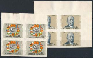 1957 NOSZF vágott sor ívszéli négyestömbökben / Mi 1503-1504 imperforate margin blocks of 4