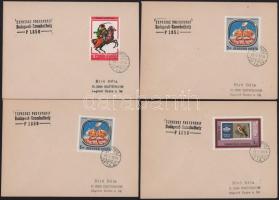 1951-1978 Képeslap Ötéves terv 40f bélyeggel "M. MOZGÓPOSTA / 32" kivésett bélyegzéssel + 4 db levél "EXPRESSZ POSTAVONAT / BUDAPEST-SZOMBATHELY / P 1850" bélyegzéssel