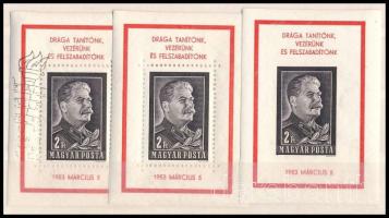 1953 3 db Sztálin blokk: fogazott, vágott, első napi bélyegzésű (117.000) / 3 x Mi block 23
