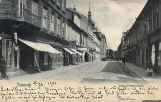 Temesvár Prince Jenő street with the shop of Ferenc Musil (EK)