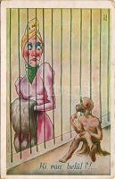 Ki van belül? Humoros művészlap / Who is inside? Hungarian humour art postcard s: Kaszás Jámbor (gyű...