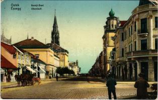 1914 Eszék, Essegg, Osijek; Gornji Grad / Oberstadt / utca, zsinagóga, üzletek / street view, synago...