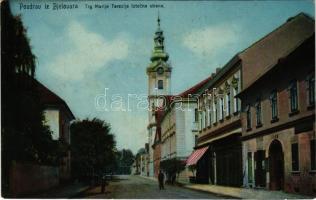 1908 Belovár, Bjelovar; Trg Marije Terezije iztocna strana / Mária Terézia tér, templom, B. Finek üz...