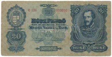 1930. 20P rendkívül alacsony, "C 226 000050" sorszámmal T:F,VG Hungary 1930. 20 Pengő with very low, "C 226 000050" serial number C:F,VG Adamo P11